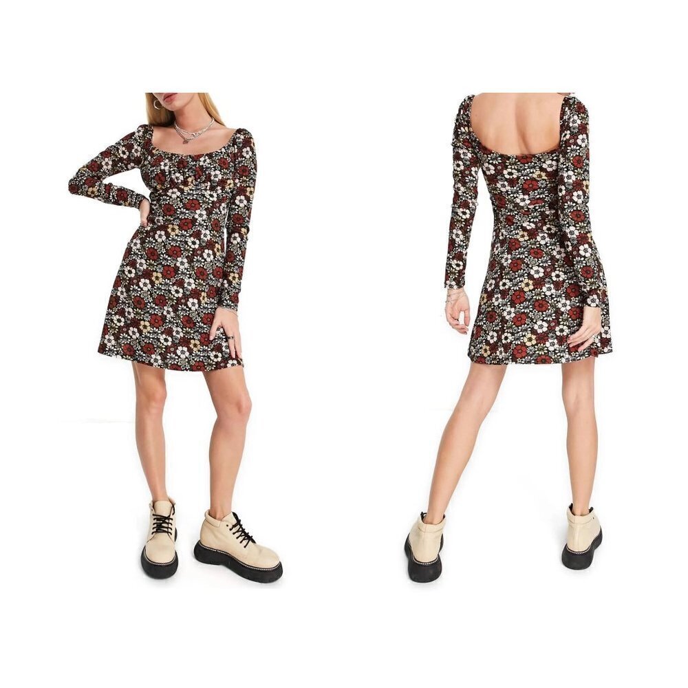 Topshop Sz 4 '70s Floral Long Sleeve A-Line Dress Hippie Boho Flower Child